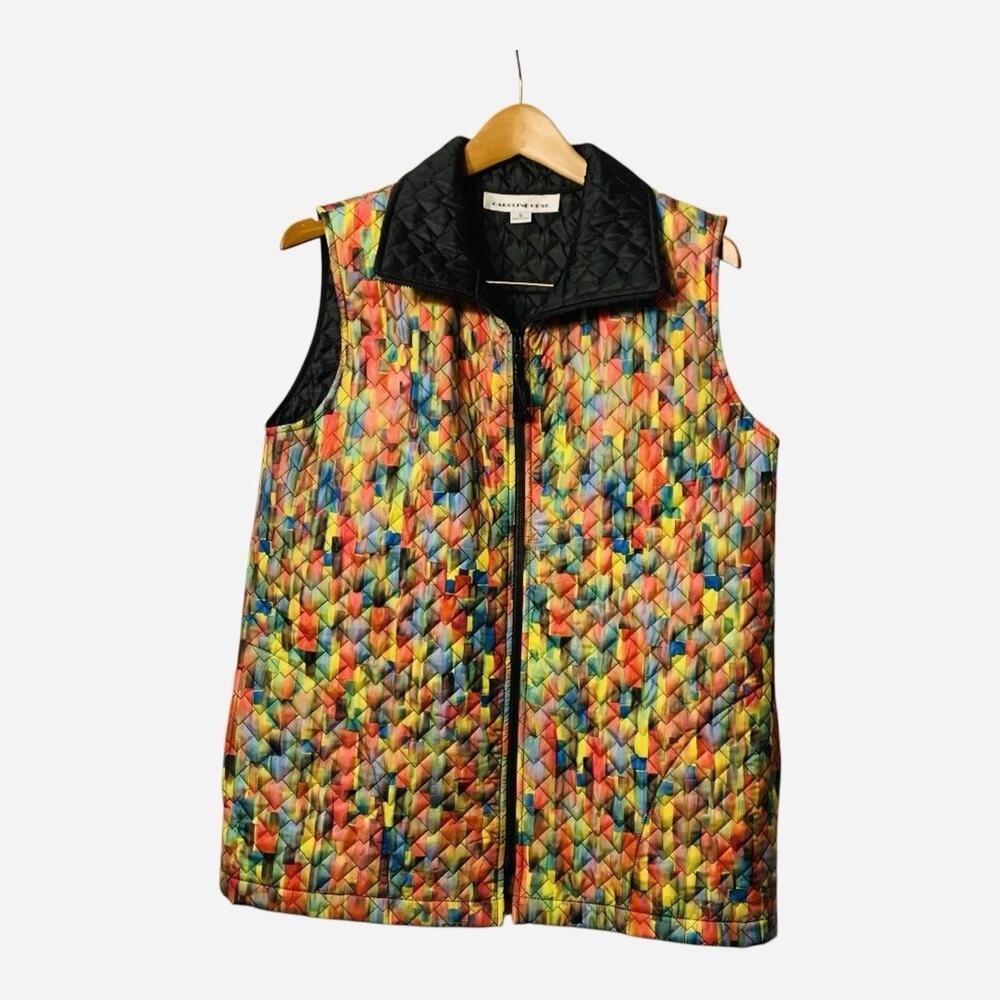 Caroline Rose Multicolor Quilted Zip Front Vest With Pockets Small